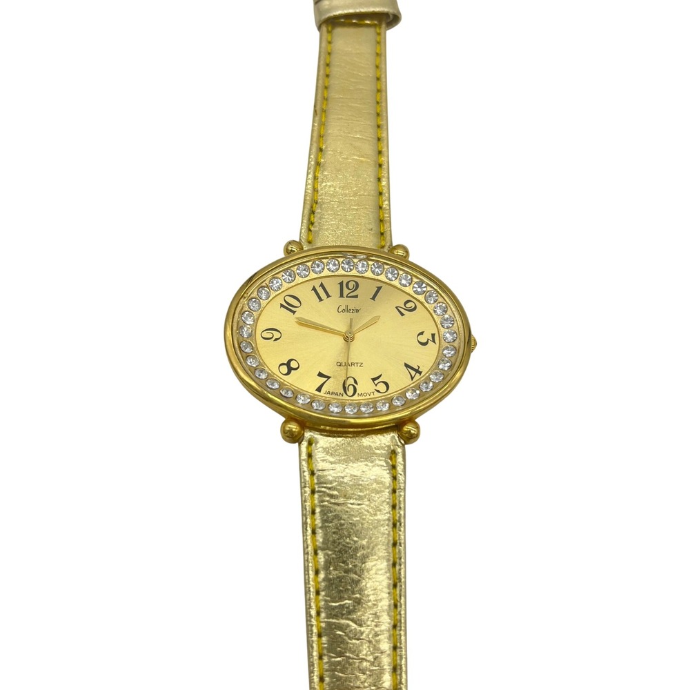 Collezio Gold Tone Oval Rhinestone Bezel Watch Metallic Gold Strap Japan‎ Movt